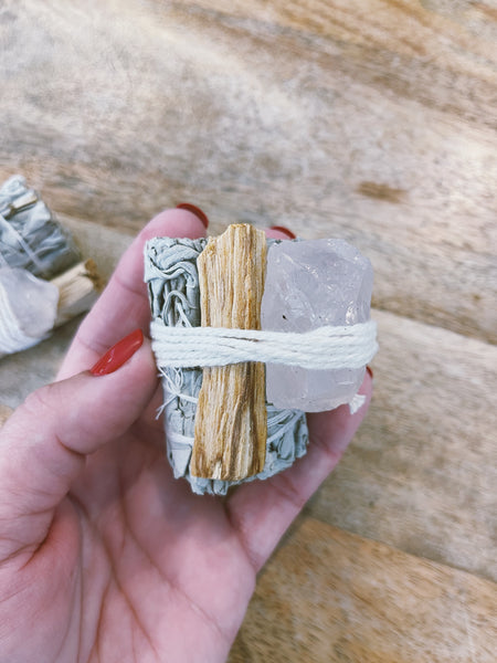 Sage Smudge Stick with Rose Quartz Crystal & Palo Santo Stick