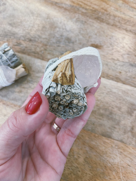 Sage Smudge Stick with Rose Quartz Crystal & Palo Santo Stick