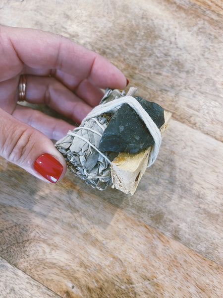 Sage Smudge Stick with Black Quartz Crystal & Palo Santo Stick